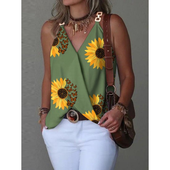 Flower Print Split-Joint Sleeveless V-Neck Vest Top Flower Print Split-Joint Sleeveless V-Neck Vest Top