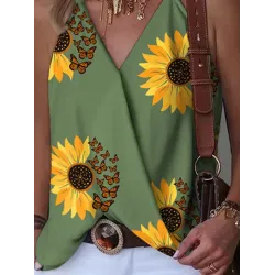 Flower Print Split-Joint Sleeveless V-Neck Vest Top