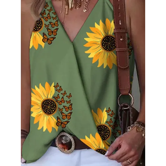 Flower Print Split-Joint Sleeveless V-Neck Vest Top Flower Print Split-Joint Sleeveless V-Neck Vest Top