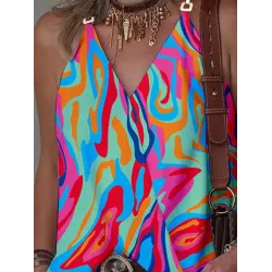 Printed Split-Joint Sleeveless V-Neck Vest Top