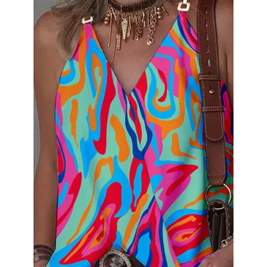 Printed Split-Joint Sleeveless V-Neck Vest Top Printed Split-Joint Sleeveless V-Neck Vest Top