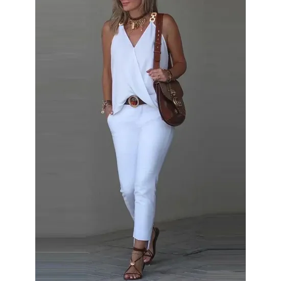 Solid Color Split-Joint Sleeveless V-Neck Vest Top Solid Color Split-Joint Sleeveless V-Neck Vest Top