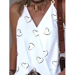 Heart Print Split-Joint Sleeveless V-Neck Vest Top