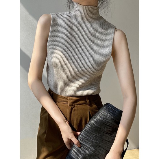 Solid Color Skinny Sleeveless High-Neck Vest Top Knitwear Solid Color Skinny Sleeveless High-Neck Vest Top Knitwear
