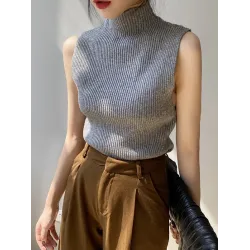 Solid Color Skinny Sleeveless High-Neck Vest Top Knitwear