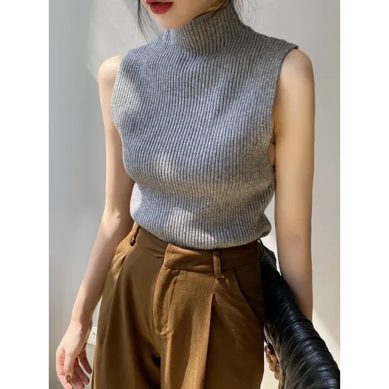 Solid Color Skinny Sleeveless High-Neck Vest Top Knitwear Solid Color Skinny Sleeveless High-Neck Vest Top Knitwear