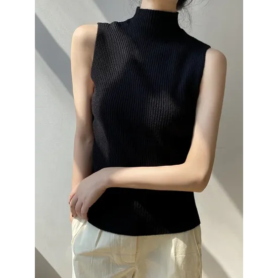 Solid Color Skinny Sleeveless High-Neck Vest Top Knitwear Solid Color Skinny Sleeveless High-Neck Vest Top Knitwear
