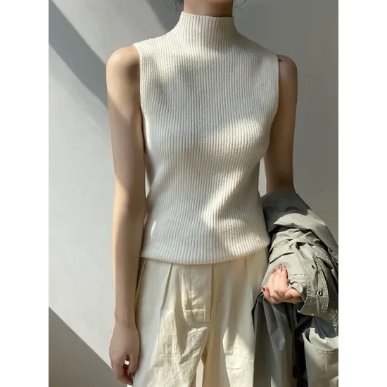 Solid Color Skinny Sleeveless High-Neck Vest Top Knitwear Solid Color Skinny Sleeveless High-Neck Vest Top Knitwear