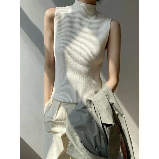 Solid Color Skinny Sleeveless High-Neck Vest Top Knitwear Solid Color Skinny Sleeveless High-Neck Vest Top Knitwear