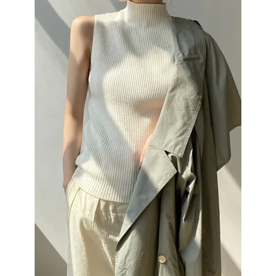 Solid Color Skinny Sleeveless High-Neck Vest Top Knitwear Solid Color Skinny Sleeveless High-Neck Vest Top Knitwear