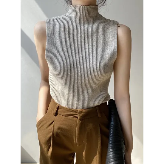 Solid Color Skinny Sleeveless High-Neck Vest Top Knitwear Solid Color Skinny Sleeveless High-Neck Vest Top Knitwear
