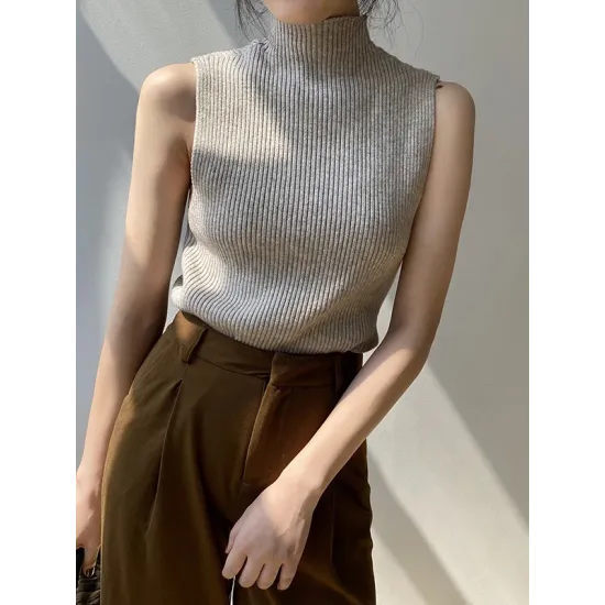 Solid Color Skinny Sleeveless High-Neck Vest Top Knitwear Solid Color Skinny Sleeveless High-Neck Vest Top Knitwear