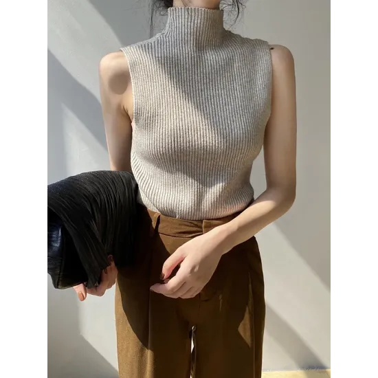 Solid Color Skinny Sleeveless High-Neck Vest Top Knitwear Solid Color Skinny Sleeveless High-Neck Vest Top Knitwear