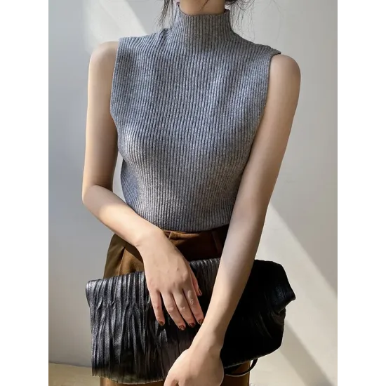 Solid Color Skinny Sleeveless High-Neck Vest Top Knitwear Solid Color Skinny Sleeveless High-Neck Vest Top Knitwear
