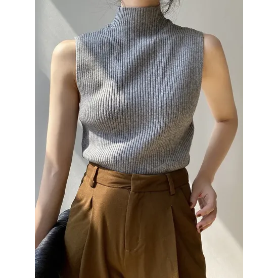 Solid Color Skinny Sleeveless High-Neck Vest Top Knitwear Solid Color Skinny Sleeveless High-Neck Vest Top Knitwear