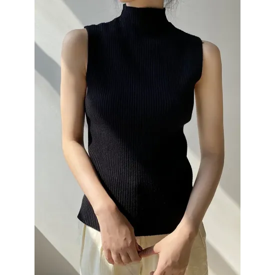 Solid Color Skinny Sleeveless High-Neck Vest Top Knitwear Solid Color Skinny Sleeveless High-Neck Vest Top Knitwear