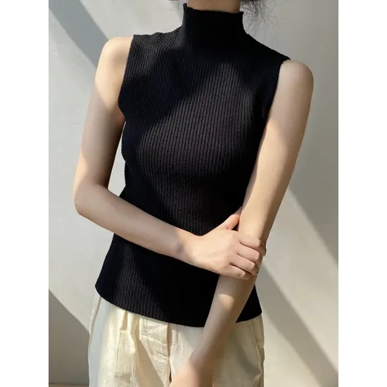Solid Color Skinny Sleeveless High-Neck Vest Top Knitwear Solid Color Skinny Sleeveless High-Neck Vest Top Knitwear