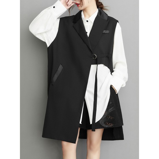 Asymmetric Pockets Tied Sleeveless Notched Collar Vest Outerwear Asymmetric Pockets Tied Sleeveless Notched Collar Vest Outerwear