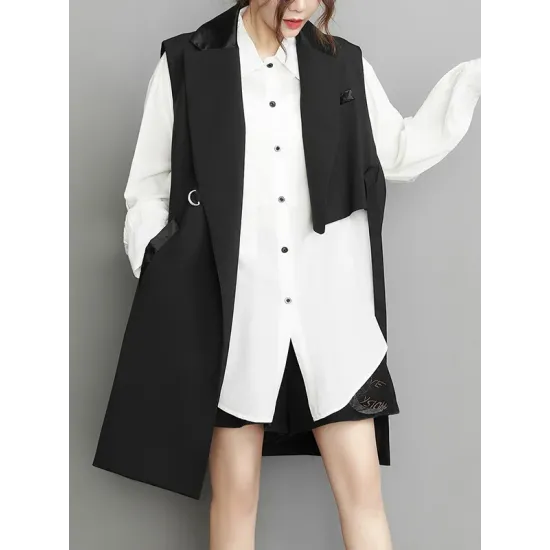 Asymmetric Pockets Tied Sleeveless Notched Collar Vest Outerwear Asymmetric Pockets Tied Sleeveless Notched Collar Vest Outerwear