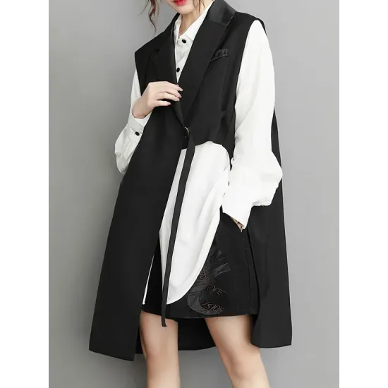 Asymmetric Pockets Tied Sleeveless Notched Collar Vest Outerwear Asymmetric Pockets Tied Sleeveless Notched Collar Vest Outerwear