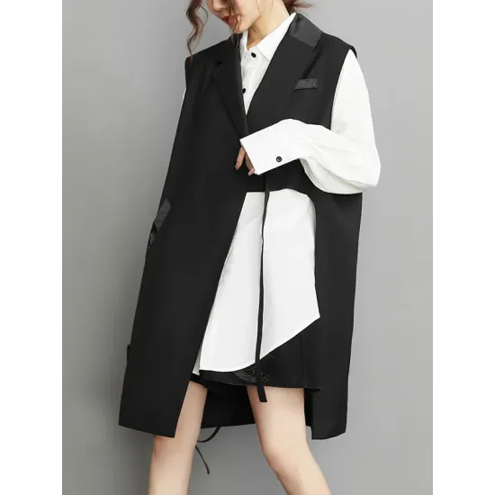 Asymmetric Pockets Tied Sleeveless Notched Collar Vest Outerwear Asymmetric Pockets Tied Sleeveless Notched Collar Vest Outerwear