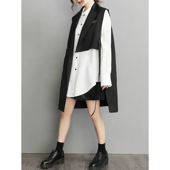 Asymmetric Pockets Tied Sleeveless Notched Collar Vest Outerwear Asymmetric Pockets Tied Sleeveless Notched Collar Vest Outerwear