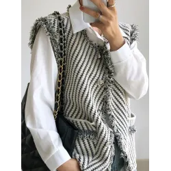 Buttoned Fringed Pockets Striped Loose Sleeveless V-Neck Vest Outerwear