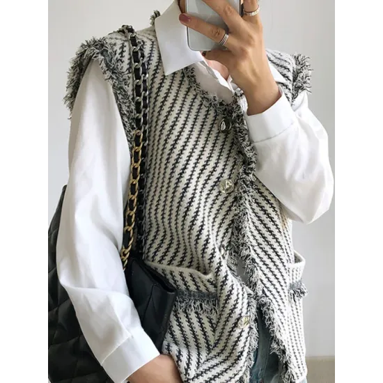 Buttoned Fringed Pockets Striped Loose Sleeveless V-Neck Vest Outerwear Buttoned Fringed Pockets Striped Loose Sleeveless V-Neck Vest Outerwear