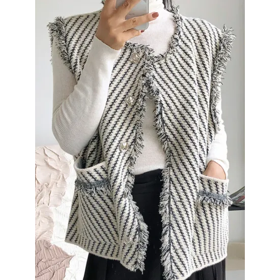 Buttoned Fringed Pockets Striped Loose Sleeveless V-Neck Vest Outerwear Buttoned Fringed Pockets Striped Loose Sleeveless V-Neck Vest Outerwear