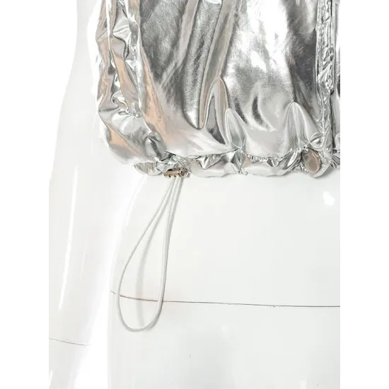 Skinny Sleeveless Drawstring Solid Color Zipper Stand Collar Padded Coat Vest Outerwear