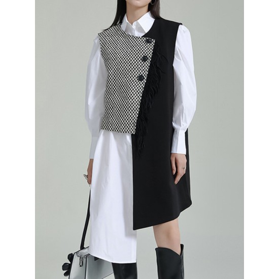Asymmetric Buttoned Houndstooth Sleeveless Vest Outerwear Asymmetric Buttoned Houndstooth Sleeveless Vest Outerwear