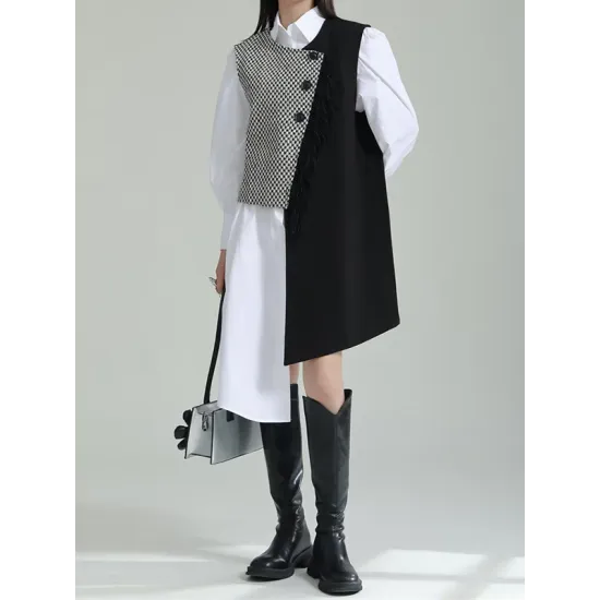 Asymmetric Buttoned Houndstooth Sleeveless Vest Outerwear Asymmetric Buttoned Houndstooth Sleeveless Vest Outerwear
