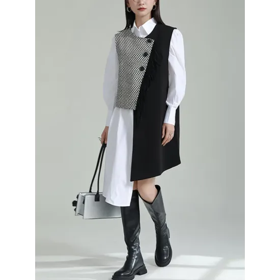 Asymmetric Buttoned Houndstooth Sleeveless Vest Outerwear Asymmetric Buttoned Houndstooth Sleeveless Vest Outerwear