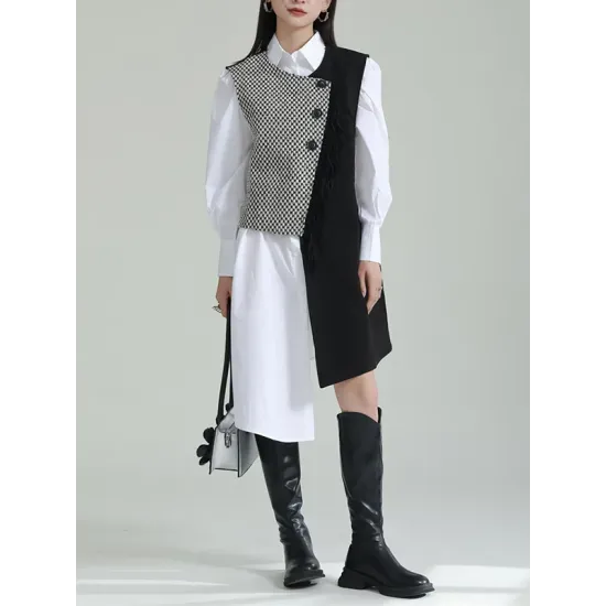 Asymmetric Buttoned Houndstooth Sleeveless Vest Outerwear Asymmetric Buttoned Houndstooth Sleeveless Vest Outerwear