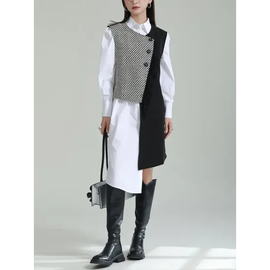 Asymmetric Buttoned Houndstooth Sleeveless Vest Outerwear Asymmetric Buttoned Houndstooth Sleeveless Vest Outerwear