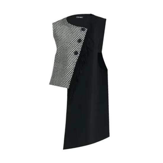 Asymmetric Buttoned Houndstooth Sleeveless Vest Outerwear Asymmetric Buttoned Houndstooth Sleeveless Vest Outerwear