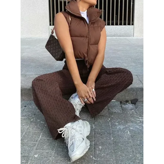 Skinny Sleeveless Solid Color Zipper Stand Collar Padded Vest Vest Top