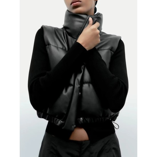 Drawstring Elasticity Solid Color Split-Joint Zipper Skinny Sleeveless Stand Collar Padded Vest Drawstring Elasticity Solid Color Split-Joint Zipper Skinny Sleeveless Stand Collar Padded Vest