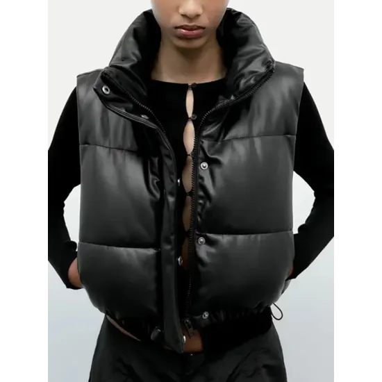 Drawstring Elasticity Solid Color Split-Joint Zipper Skinny Sleeveless Stand Collar Padded Vest Drawstring Elasticity Solid Color Split-Joint Zipper Skinny Sleeveless Stand Collar Padded Vest