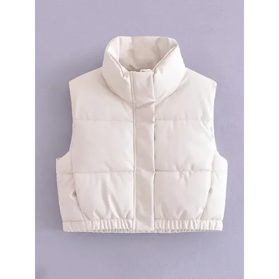 Drawstring Elasticity Solid Color Split-Joint Zipper Skinny Sleeveless Stand Collar Padded Vest Drawstring Elasticity Solid Color Split-Joint Zipper Skinny Sleeveless Stand Collar Padded Vest