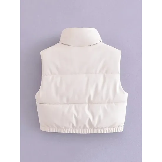 Drawstring Elasticity Solid Color Split-Joint Zipper Skinny Sleeveless Stand Collar Padded Vest Drawstring Elasticity Solid Color Split-Joint Zipper Skinny Sleeveless Stand Collar Padded Vest