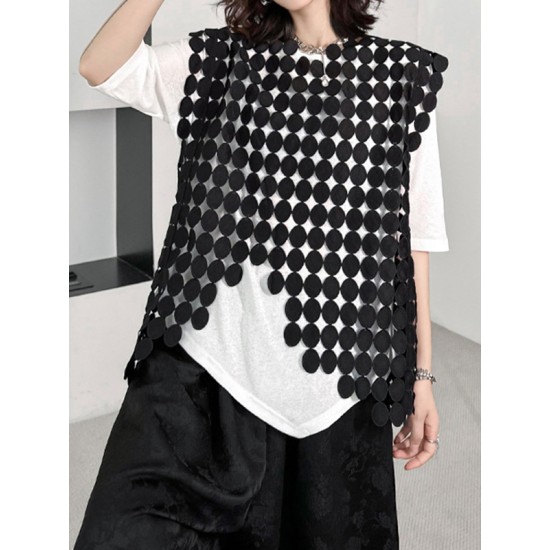 Hollow Solid Color Split-Joint Irregular Clipping Loose Round-Neck Vest Top Hollow Solid Color Split-Joint Irregular Clipping Loose Round-Neck Vest Top