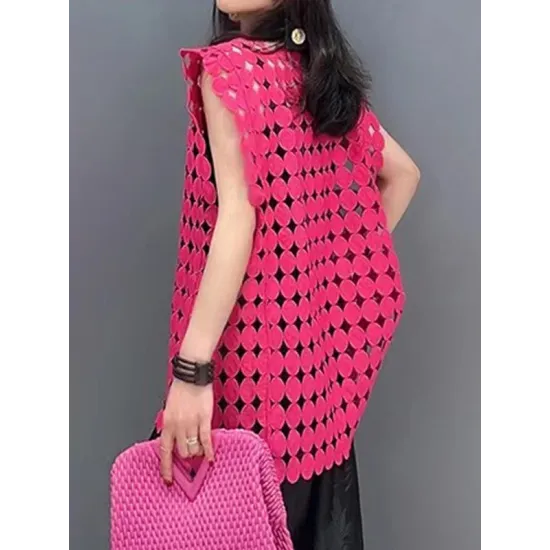 Hollow Solid Color Split-Joint Irregular Clipping Loose Round-Neck Vest Top Hollow Solid Color Split-Joint Irregular Clipping Loose Round-Neck Vest Top