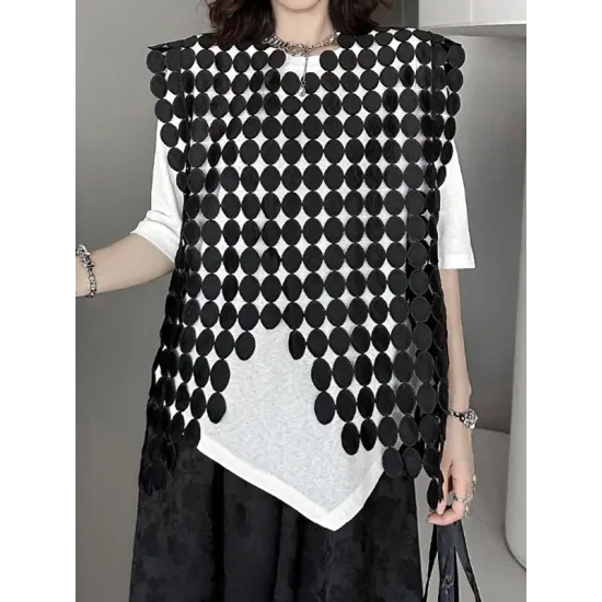 Hollow Solid Color Split-Joint Irregular Clipping Loose Round-Neck Vest Top Hollow Solid Color Split-Joint Irregular Clipping Loose Round-Neck Vest Top