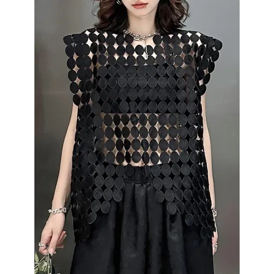 Hollow Solid Color Split-Joint Irregular Clipping Loose Round-Neck Vest Top Hollow Solid Color Split-Joint Irregular Clipping Loose Round-Neck Vest Top