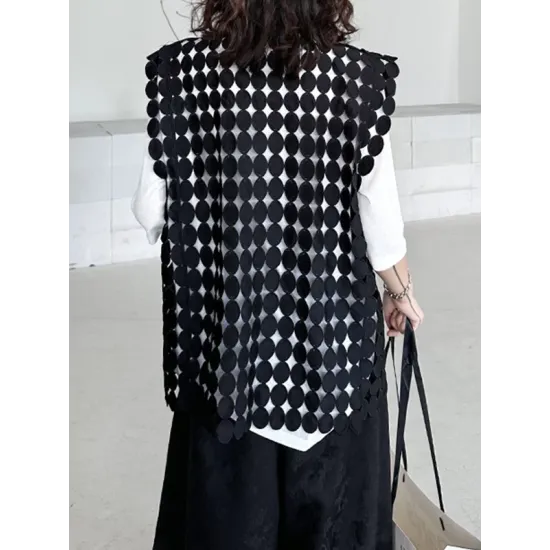 Hollow Solid Color Split-Joint Irregular Clipping Loose Round-Neck Vest Top Hollow Solid Color Split-Joint Irregular Clipping Loose Round-Neck Vest Top