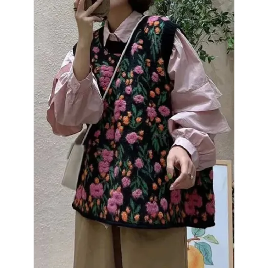 Knitted Flower Three-Dimensional Flower Loose Sleeveless Round-Neck Vest Outerwear Knitwear Knitted Flower Three-Dimensional Flower Loose Sleeveless Round-Neck Vest Outerwear Knitwear