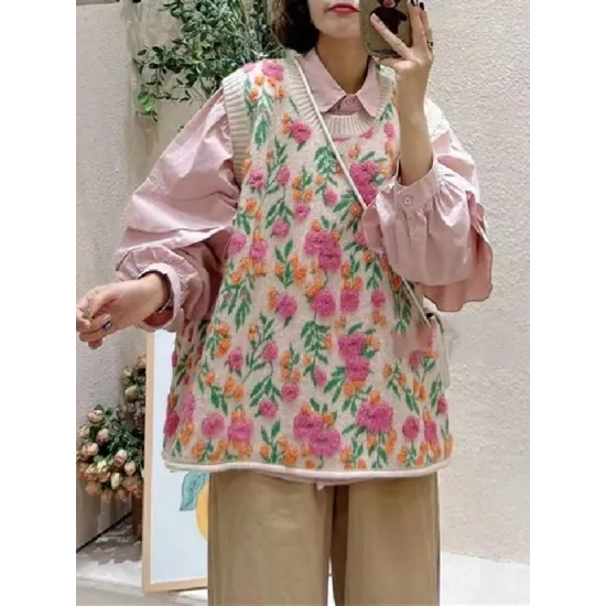 Knitted Flower Three-Dimensional Flower Loose Sleeveless Round-Neck Vest Outerwear Knitwear Knitted Flower Three-Dimensional Flower Loose Sleeveless Round-Neck Vest Outerwear Knitwear