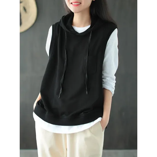 Artistic Retro Solid Hooded Vest Artistic Retro Solid Hooded Vest