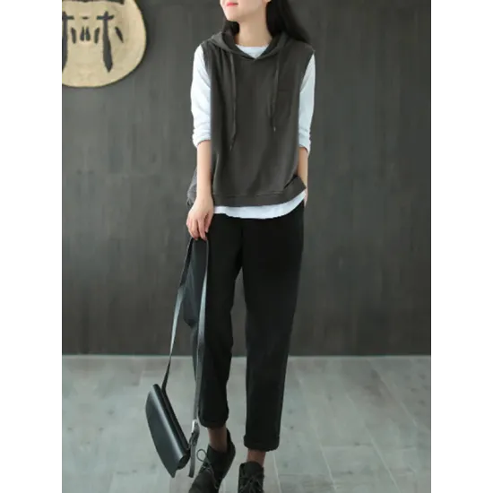 Artistic Retro Solid Hooded Vest Artistic Retro Solid Hooded Vest